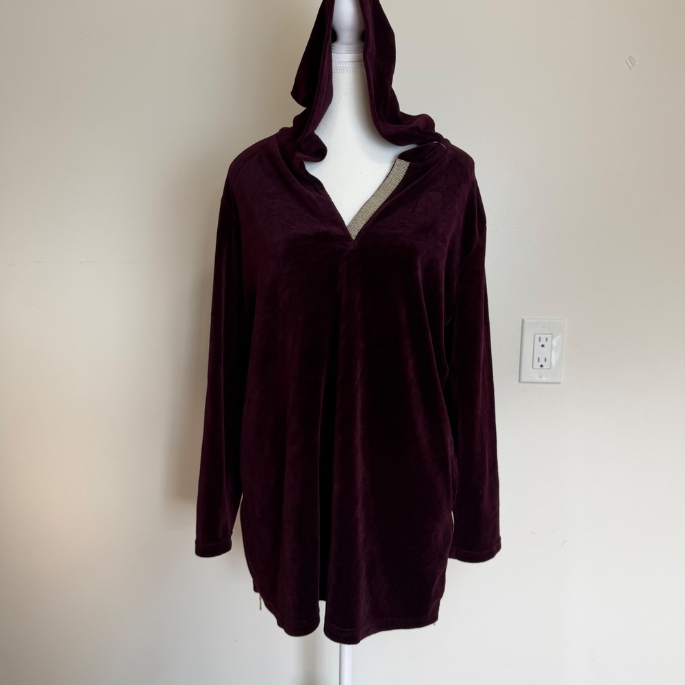 Zenergy by Chico's Velour Velvet V-Neck Hoodie Burgundy Women Size 2 Tunic